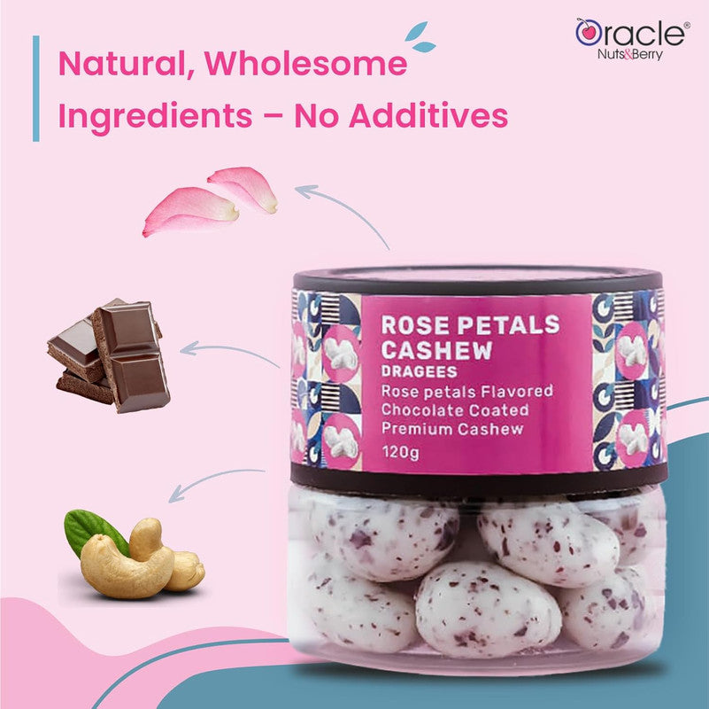 Oracle Nuts & Berry Rose Petals Cashew Dragees – 120gm | Premium Chocolate Coated Cashews with Rose Petals Flavor