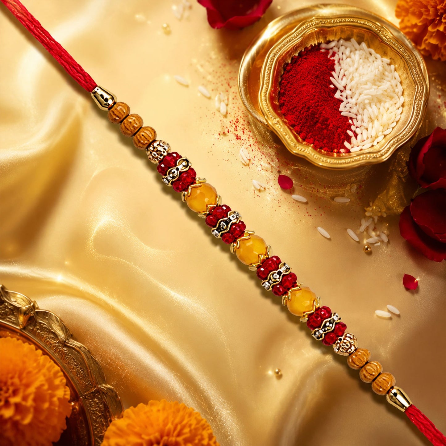 Vibrant multicolor beaded rakhi with stone detailing and traditional red thread.