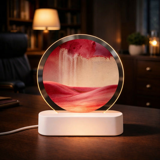 Red Moving Sand Art LED Lamp Round Decorative Desk Night Light