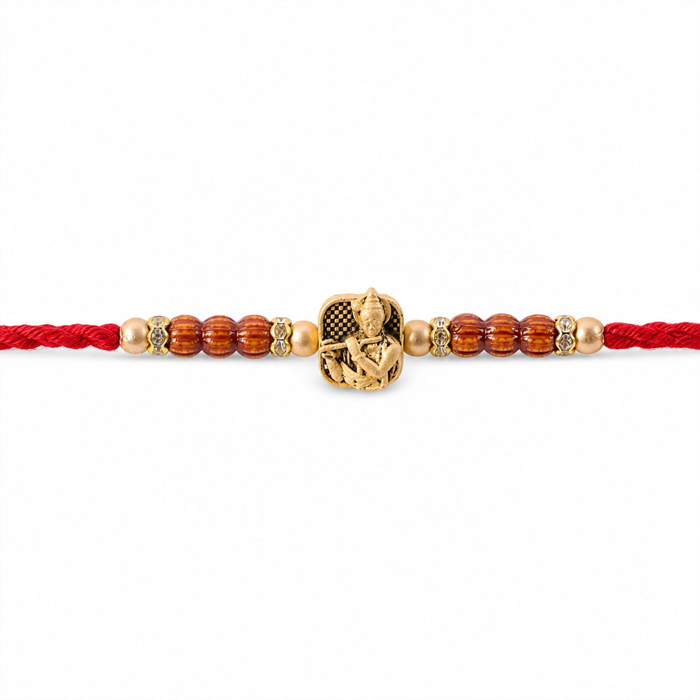 Red Beaded Rakhi with Antique Gold Krishna Charm and Wooden Beads
