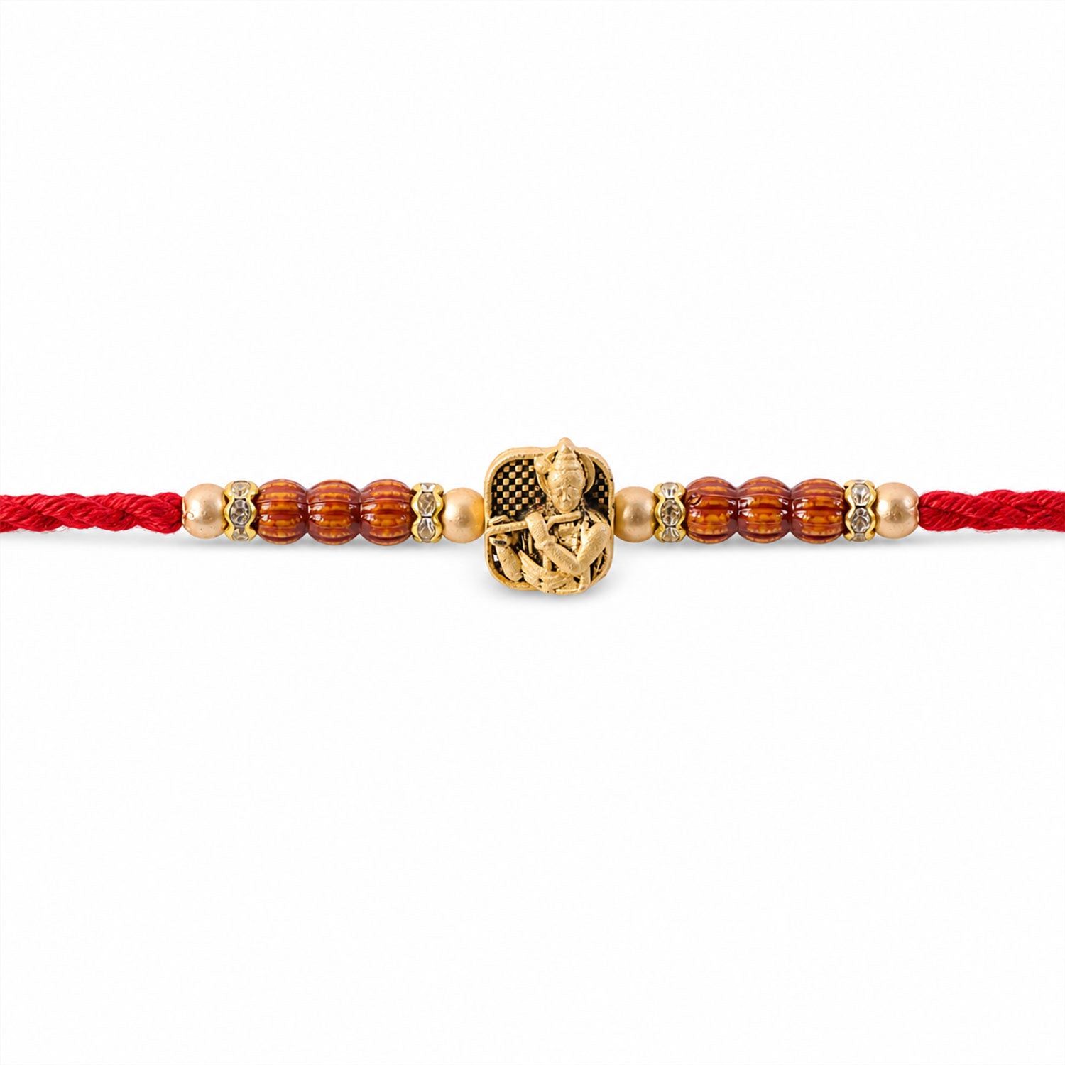 Red Beaded Rakhi with Antique Gold Krishna Charm and Wooden Beads