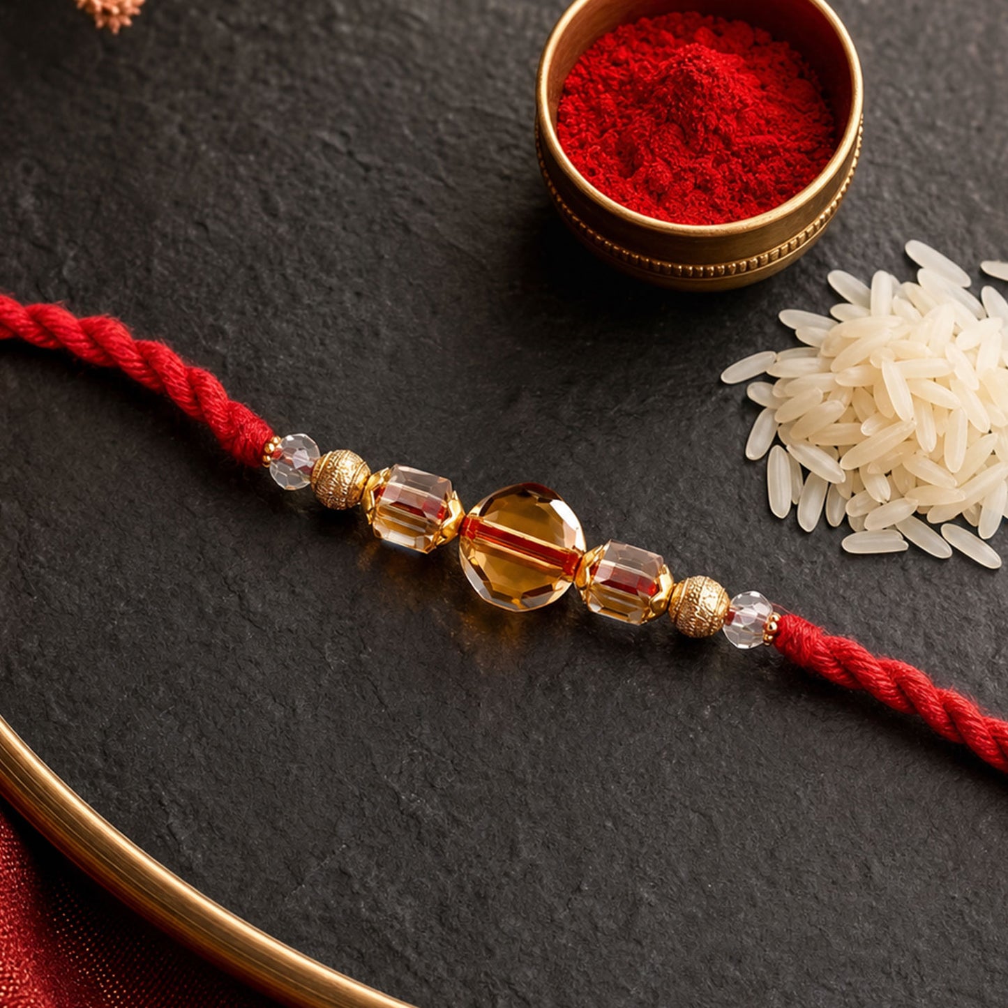 Red Thread Rakhi with Golden and Sparkling Crystal Bead Accents
