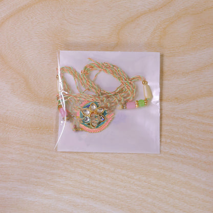Teal and Pink Round Kundan Pendant Rakhi with Pastel Beads