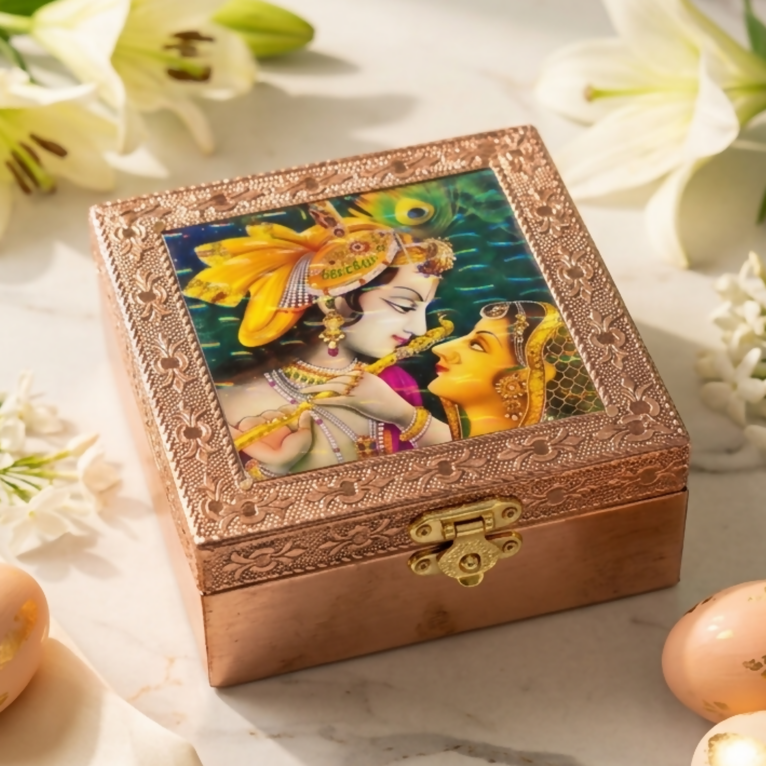 Copper-finished Radha Krishna embossed wooden jewelry box from front view