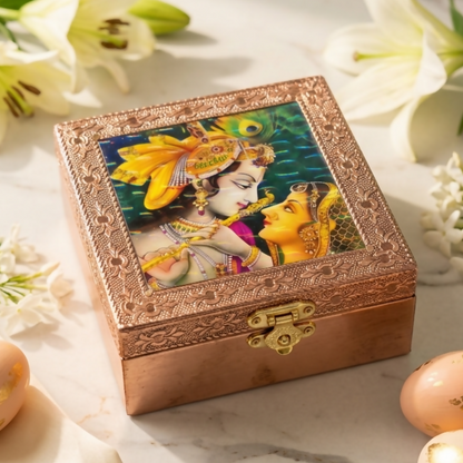Copper-finished Radha Krishna embossed wooden jewelry box from front view