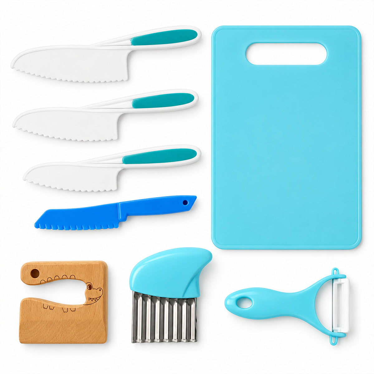 Kids Kitchen Set with Knives, Board, Peeler and Crinkle Cutter (8 In 1)
