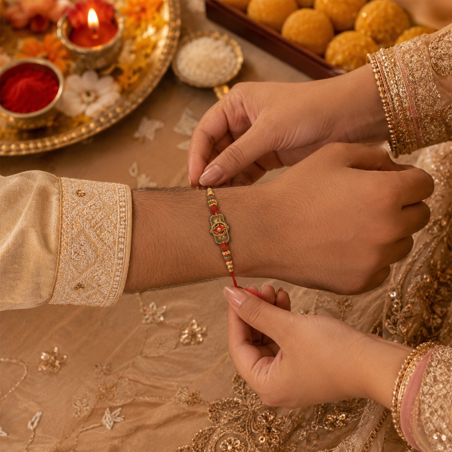 Traditional Rakhi featuring soft thread and elegant design