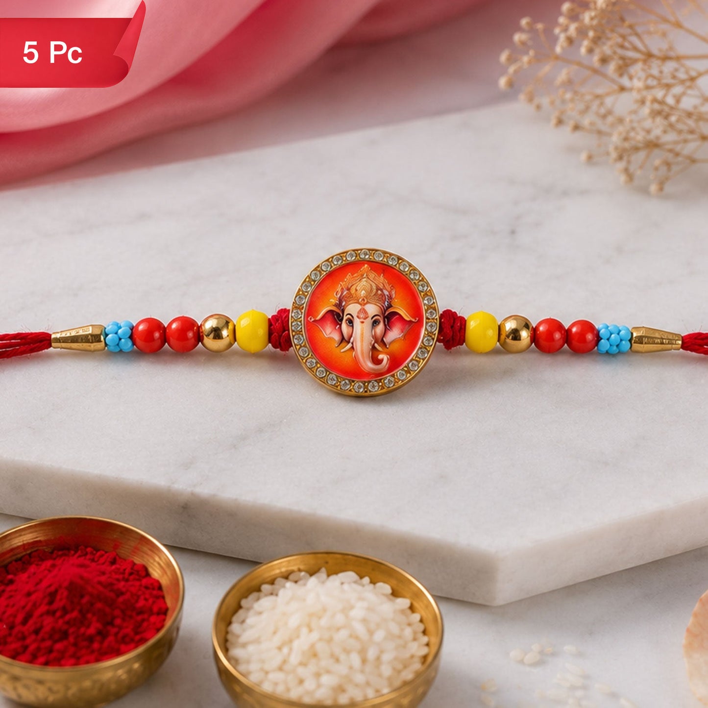 Ganesha Stone Studded Rakhi for Brother Festive Beaded Design (5pcs)