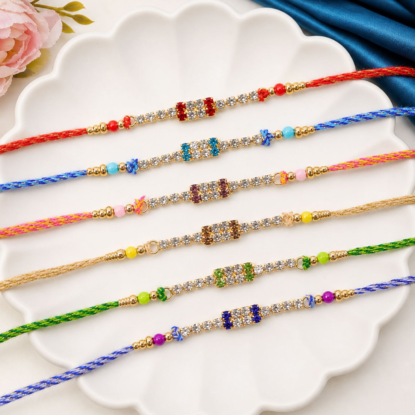 Wide Rectangular Stone Rakhi for Raksha Bandhan (Pack of 6)