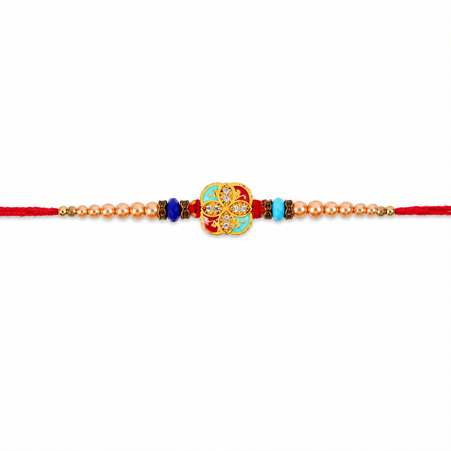 Royal Turquoise Meenakari Floral Rakhi for Brother with Pearls & Beads