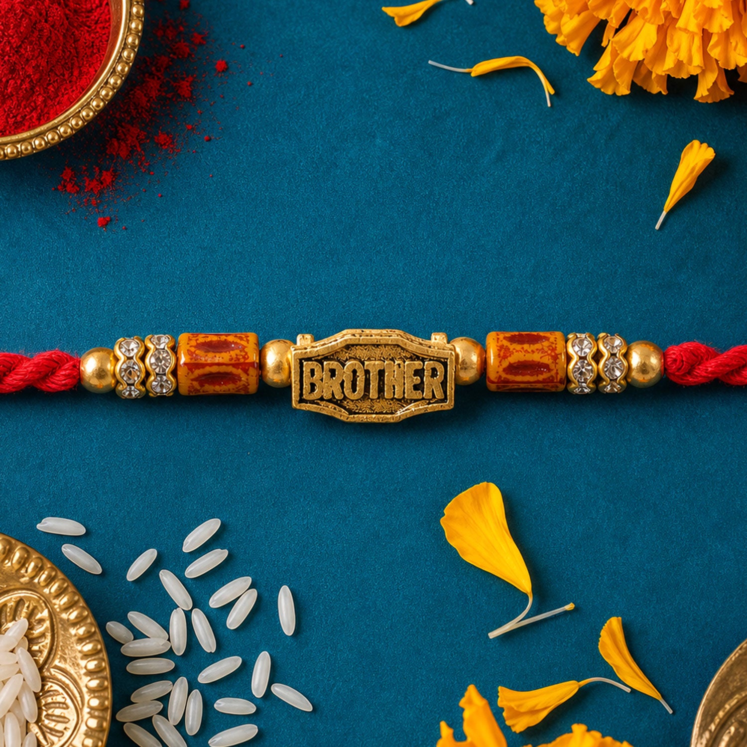 Red Thread Rakhi with Wooden Beads and a Personalised 'Brother' Charm