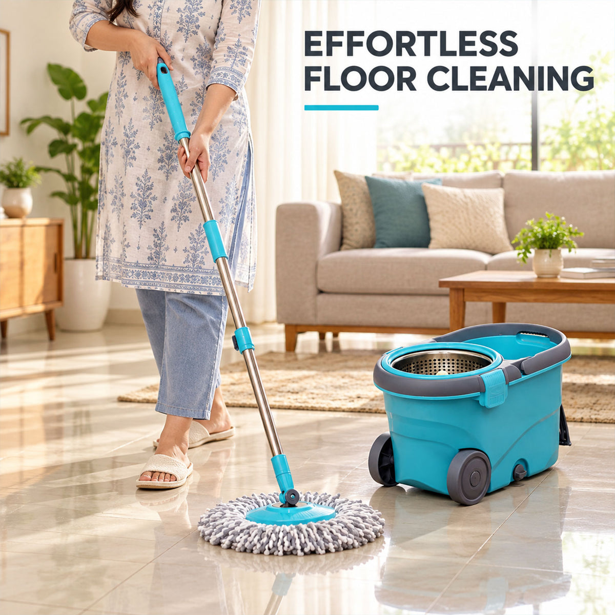 Spin Mop Bucket Set with Steel Wringer, Wheels and 2 Microfiber Refills