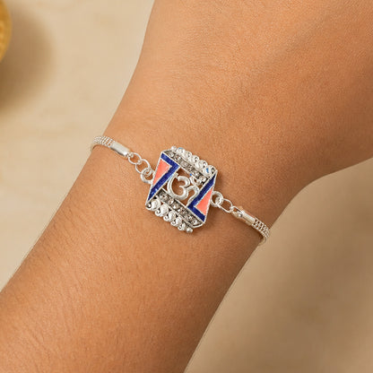 Om Stylish Square Motif Studded Enamel Silver Chain Designer Rakhi