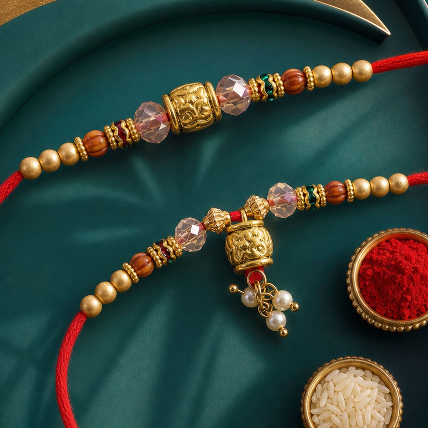 Couple Rakhi with Crystal Beads, Gold Cube Charm and Pearl Drop