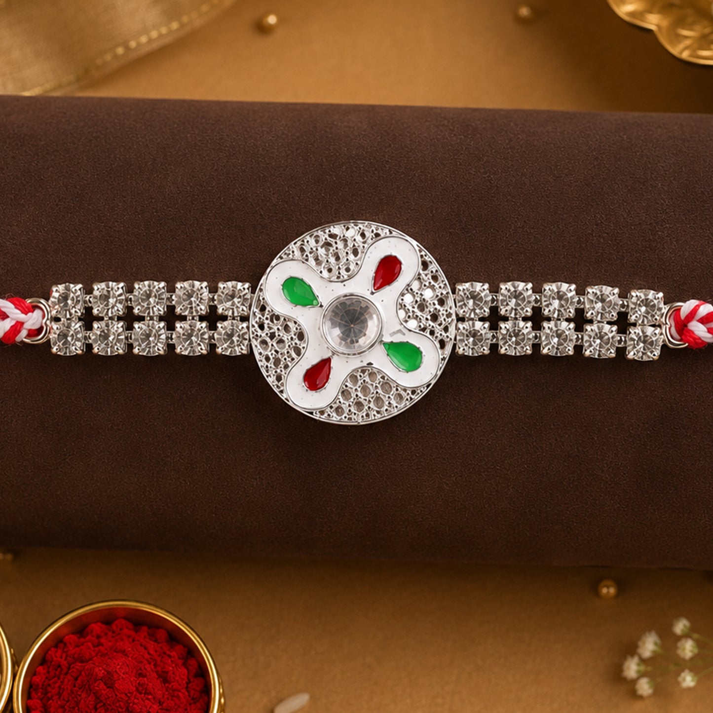 Festive Rakhi featuring Floral Circle Charm, pearl accents and chain look for Gifting