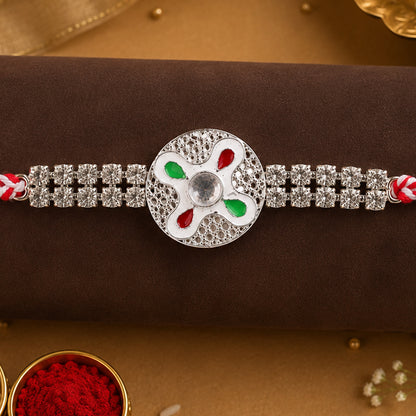 Festive Rakhi featuring Floral Circle Charm, pearl accents and chain look for Gifting