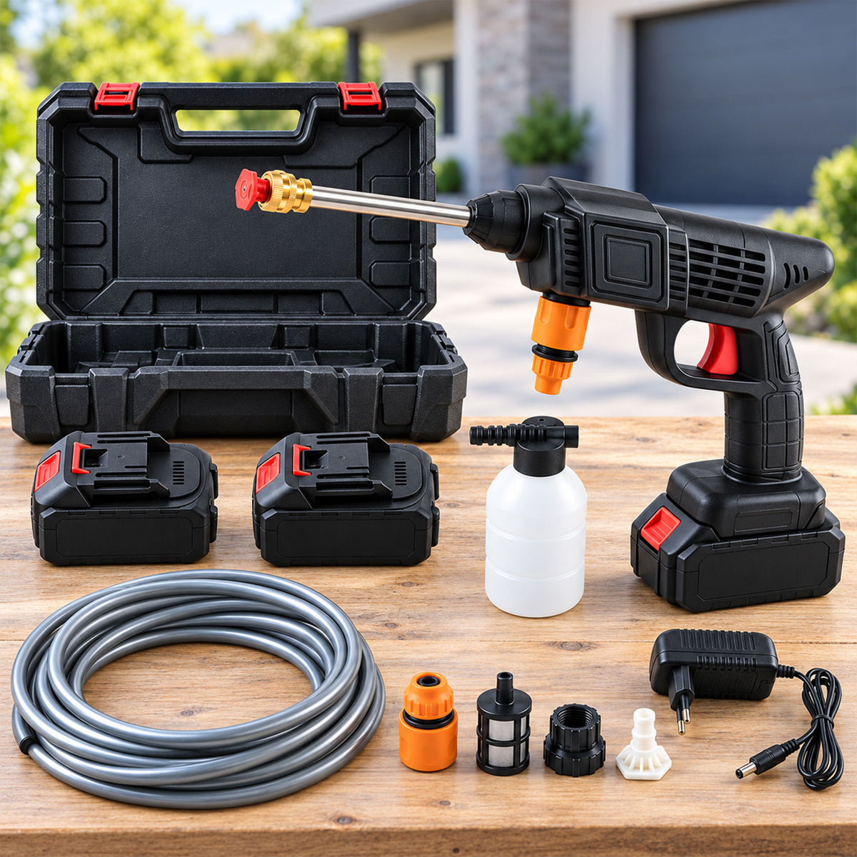 Cordless Car Washing Kit with 2 Batteries, Spray Gun and Carry Case (48V)