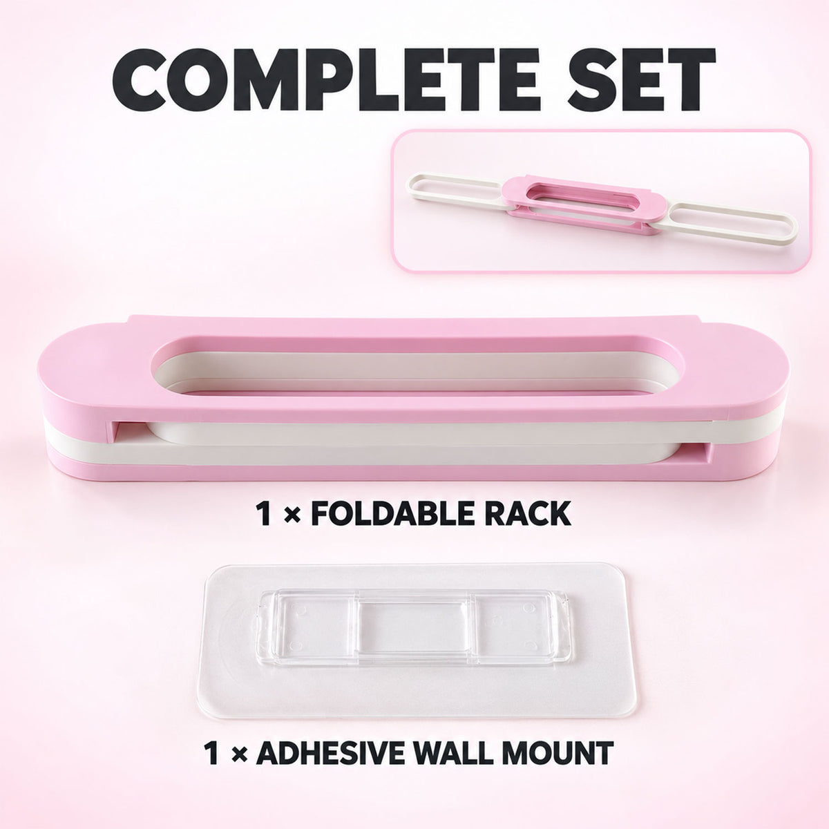 A folded pink and white shoe rack and a clear adhesive wall mount are displayed on a pink background.