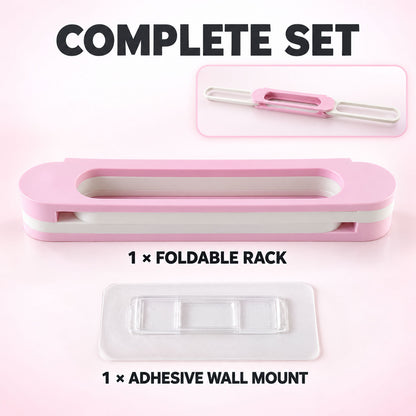 A folded pink and white shoe rack and a clear adhesive wall mount are displayed on a pink background.