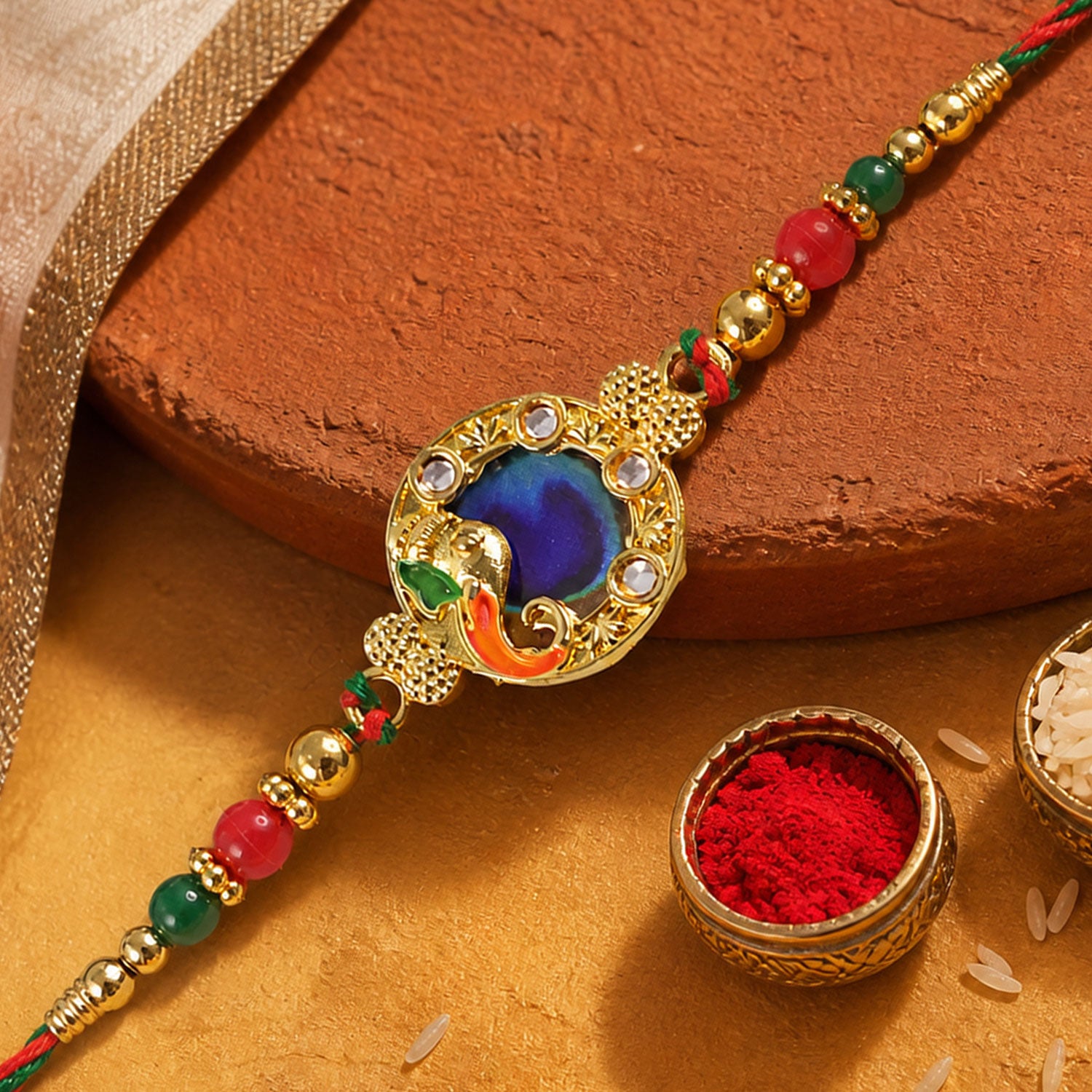 Classic Rakhi with Peacock Circle Charm, leaf touch and thread look for Gift Use