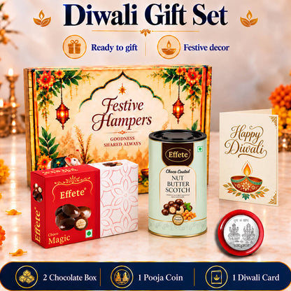 Diwali gift set with decorative box, chocolate box, nut butterscotch, coin, and greeting card.