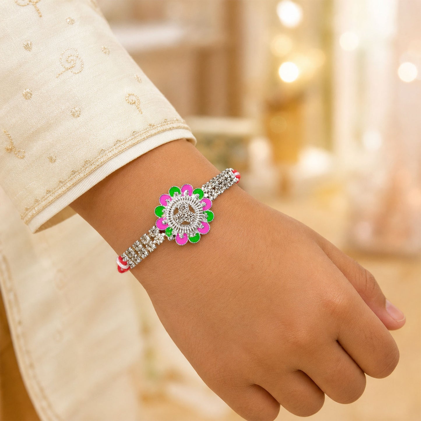 Designer Rakhi featuring Floral Medallion, gold trims and display look for Gift Use