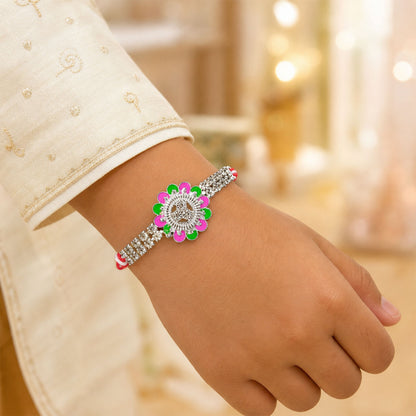 Designer Rakhi featuring Floral Medallion, gold trims and display look for Gift Use
