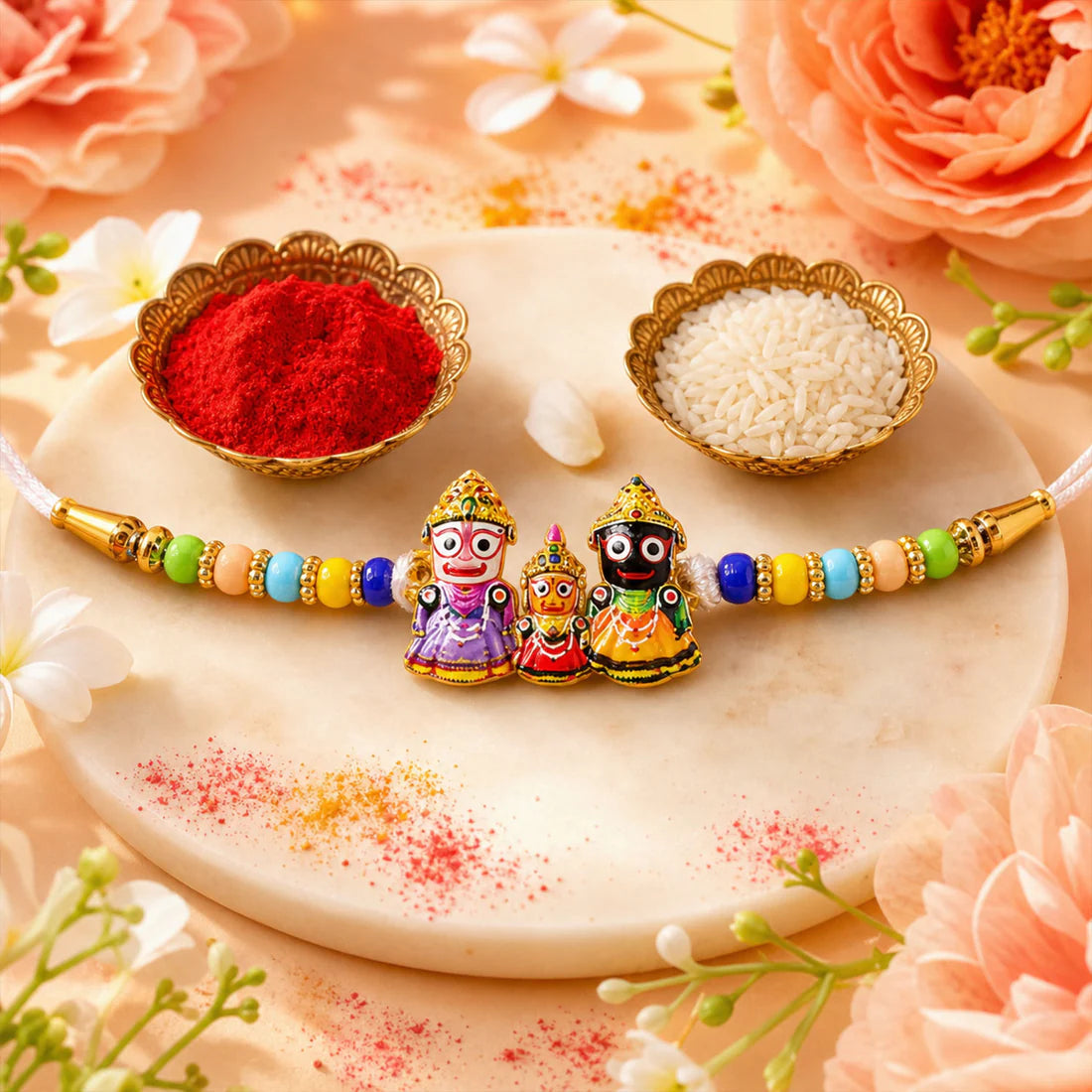 Jagannath, Balabhadra and Subhadra Rakhi with Assorted Chocolate Treats, Pack of 3