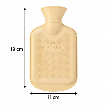 A cream rubber hot water bottle with a textured surface is shown with dimensions of 19 cm by 11 cm.