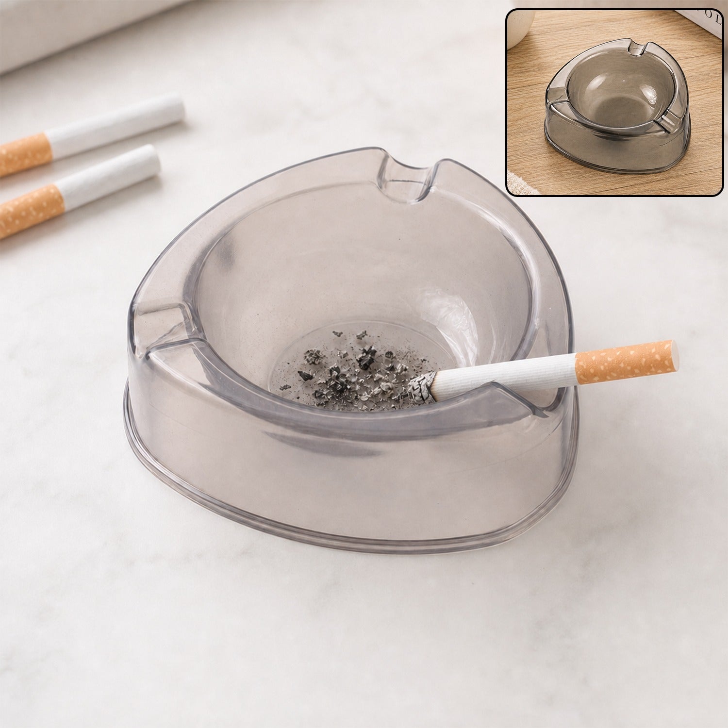 Round Transparent Plastic Ashtray with 3 Cigarette Grooves for Table (1 Pc)