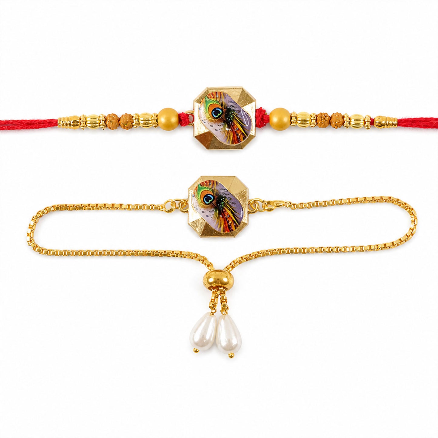 Krishna Morpankh Printed Charm Rudraksha Beads Bhai Bhabhi Rakhi Lumba Set