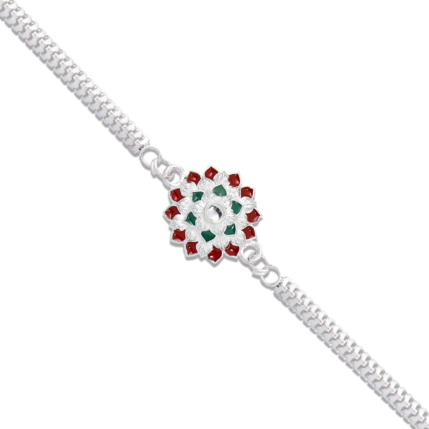 Designer Floral Rakhi Silver Toned Stone Rakhi for Brother (10pcs)