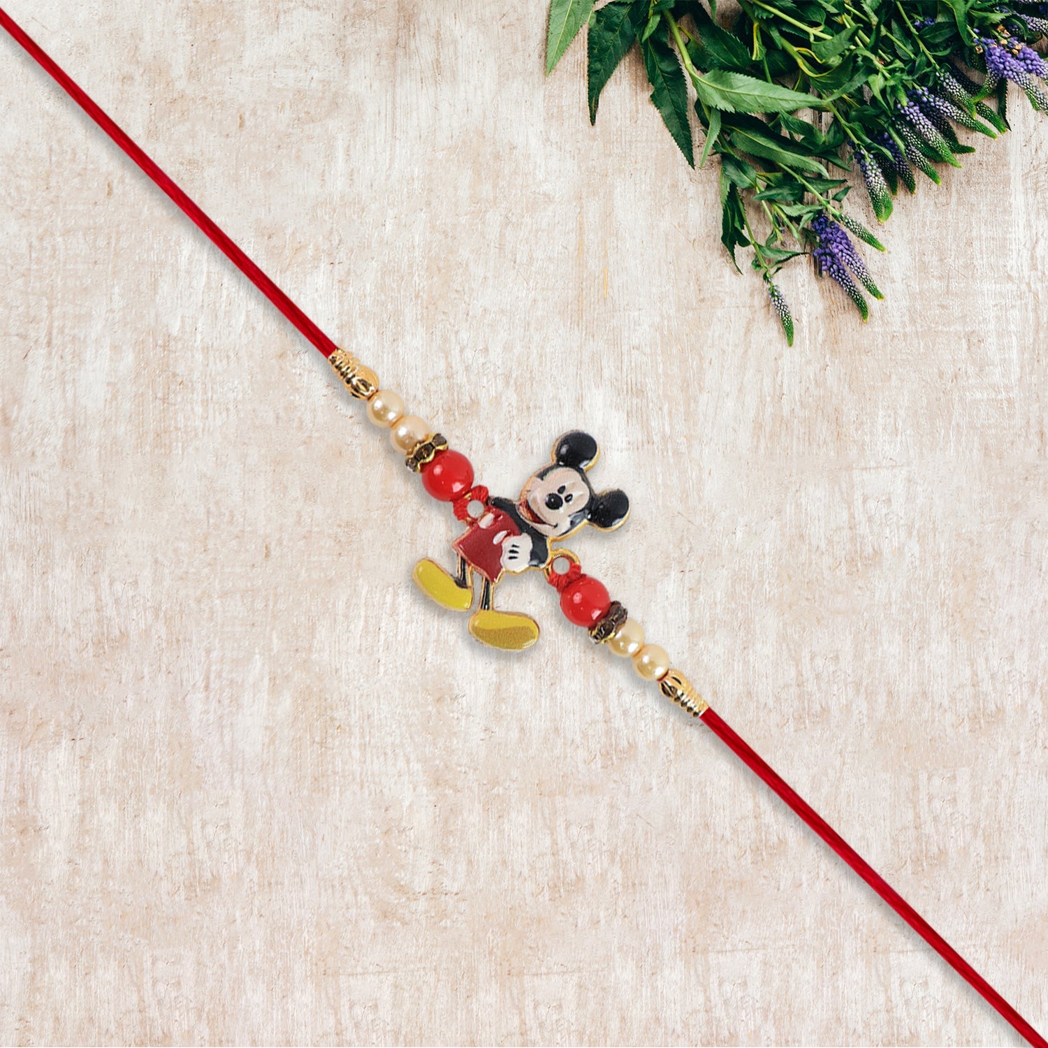 Mickey Mouse Kids Rakhi Pearls Golden Beads Red Thread (10pcs)