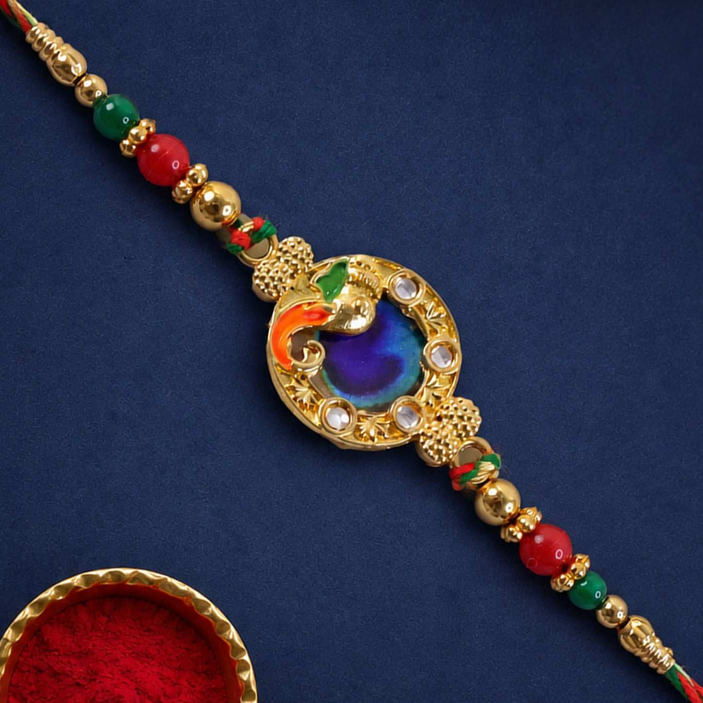 Classic Rakhi with Peacock Circle Charm, leaf touch and thread look for Gift Use