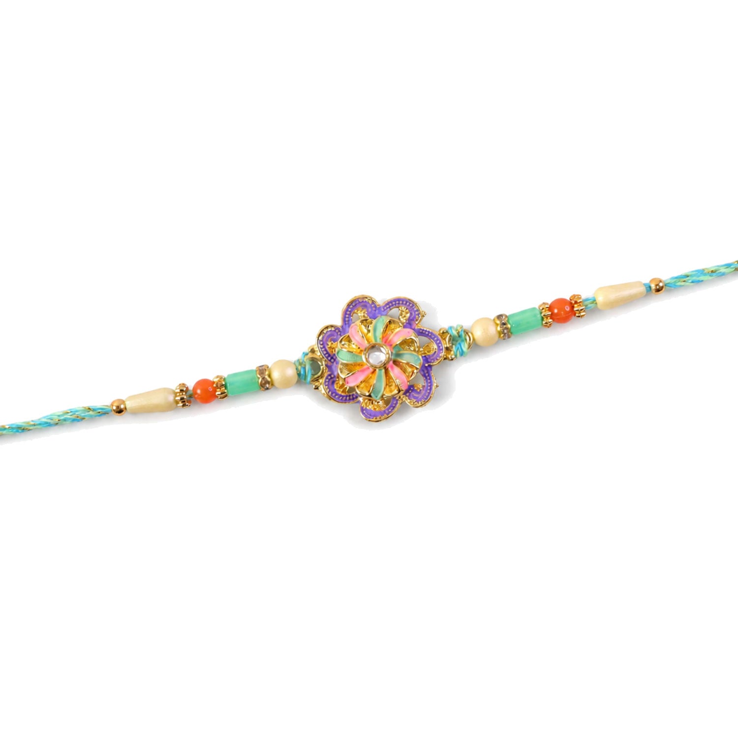 Floral Bloom Rakhi with Cream Thread, Pastel Beads and Soft Enamel Petals for Gifting