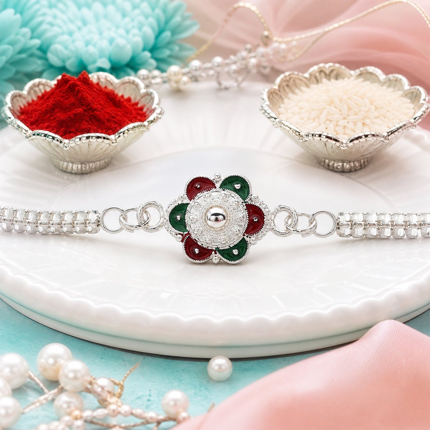 Buy Flower Rakhi for Brothers Silver Finish Mirror Stone (10pcs)