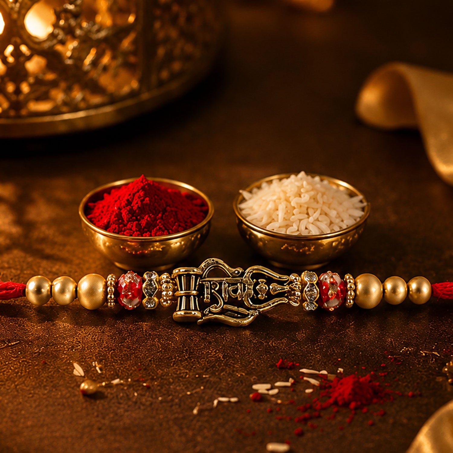 Shiv Trishul Damru Devotional Rakhi with Engraved Shiv Word, Golden Plate and Red Stones