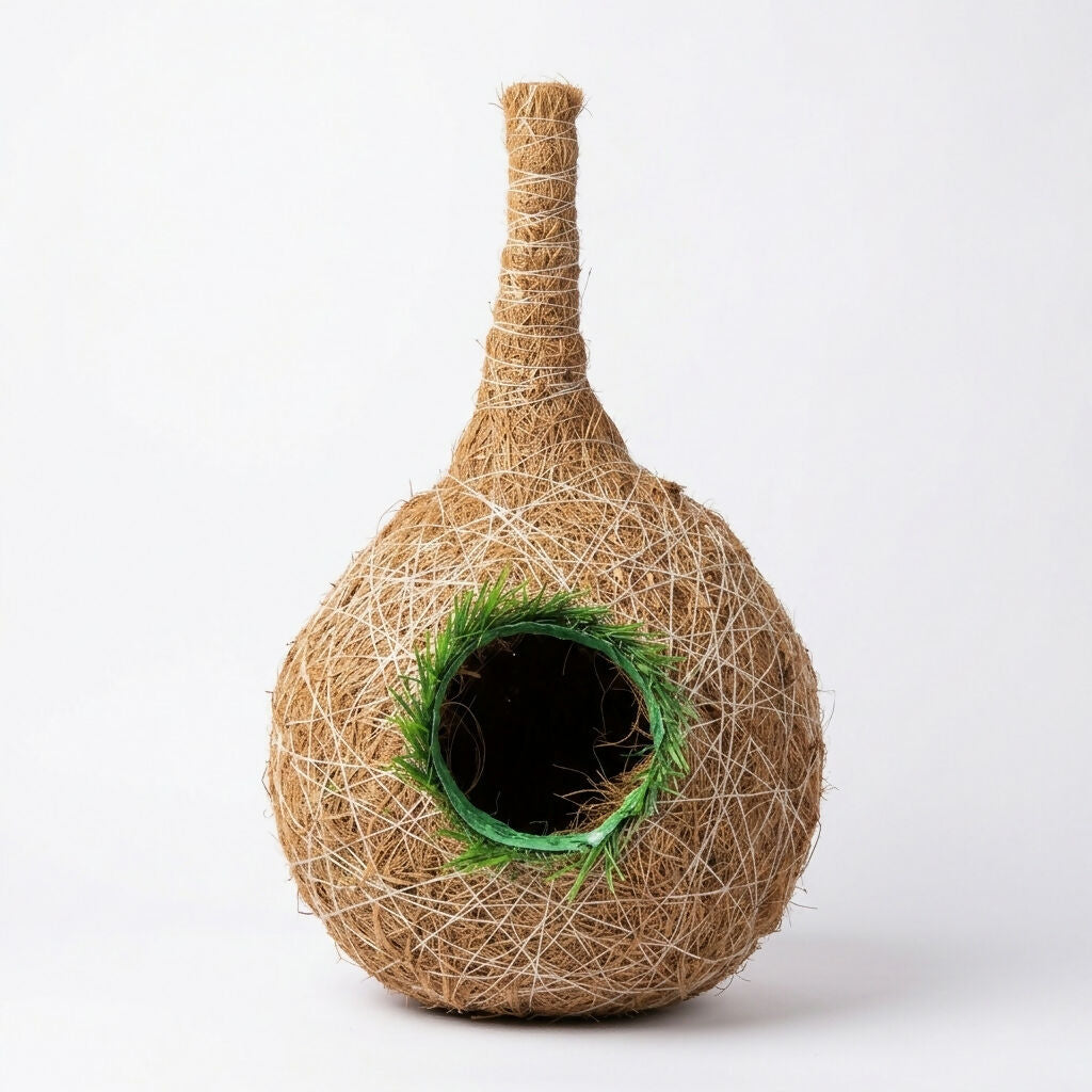 Handcrafted hanging bird nest made from natural coconut fiber