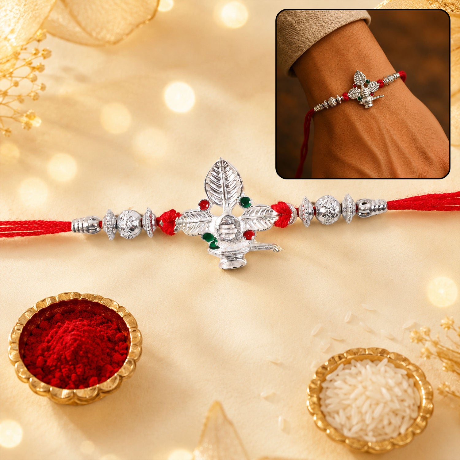 Silver Shivling Leaf Rakhi with Green Stones and Bright Red Thread