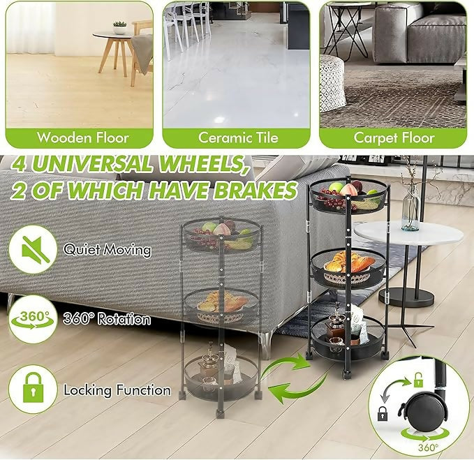 Collapsible 3-Tier Kitchen Trolley with Wheels | Foldable Metal Mesh Storage Rack | Heavy-Duty Vegetable & Fruit Basket Stand | Multipurpose Utility Cart for Home & Office