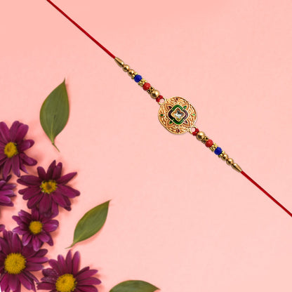 Kundan Rakhi Traditional Antique Gold Finish with Multicolor Beads (5pcs)