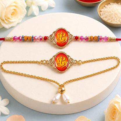 Ganesh Printed Motif Oval Floral Frame Rudraksha Beads Bhai Bhabhi Rakhi Lumba Set