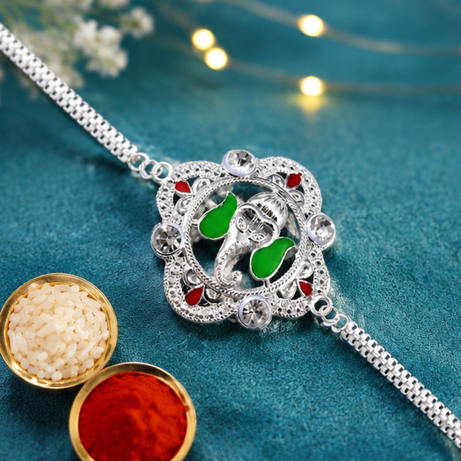 Ganesh Motif Rakhi Elegant Silver Chain Green Enamel (10pcs)