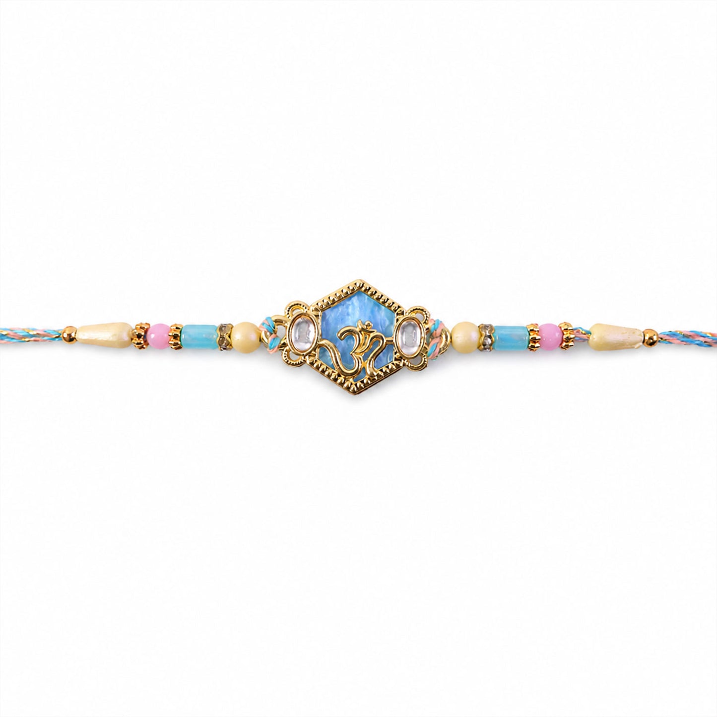 Om Hexagon Pendant Rakhi with Blue Enamel and Kundan Stones