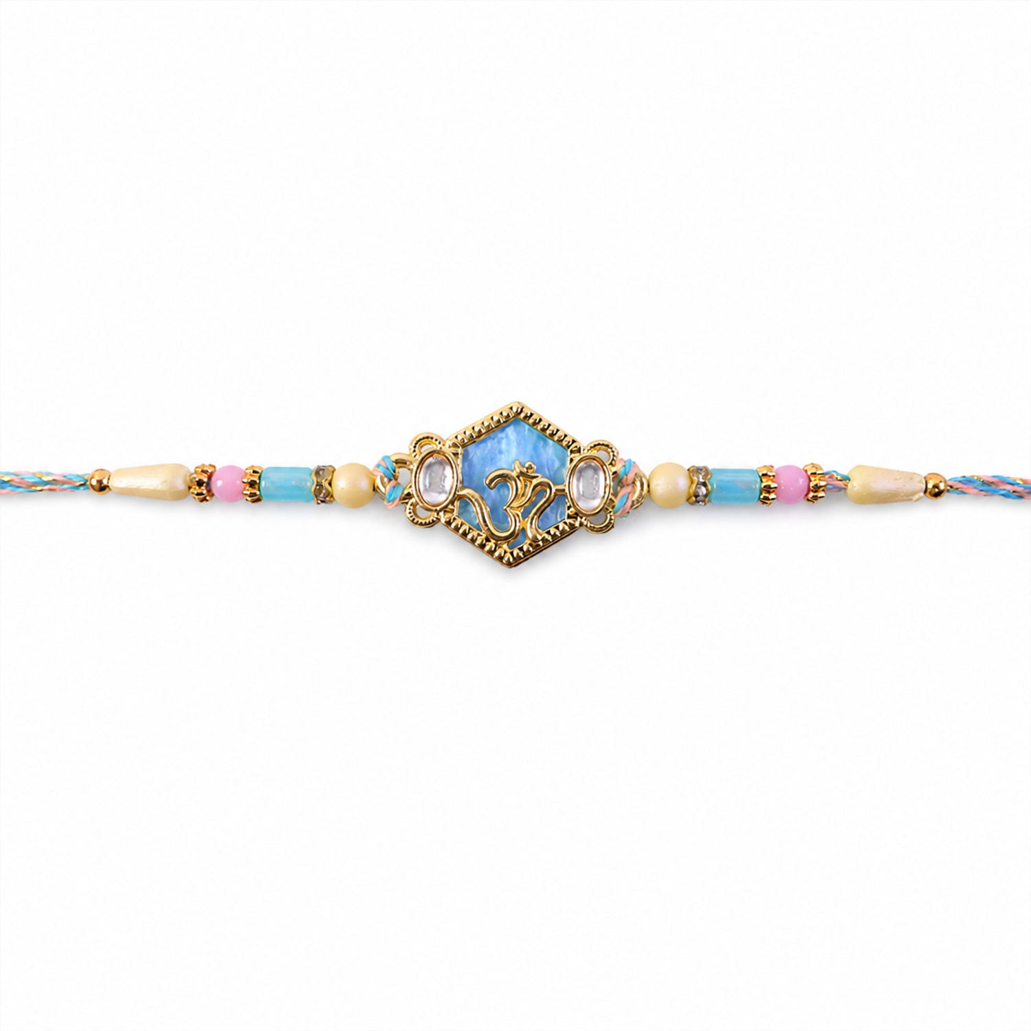 Om Hexagon Pendant Rakhi with Blue Enamel and Kundan Stones