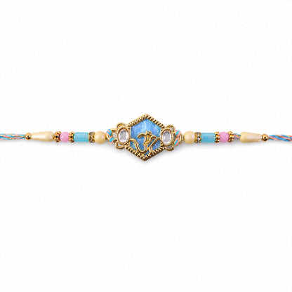 Om Hexagon Pendant Rakhi with Blue Enamel and Kundan Stones