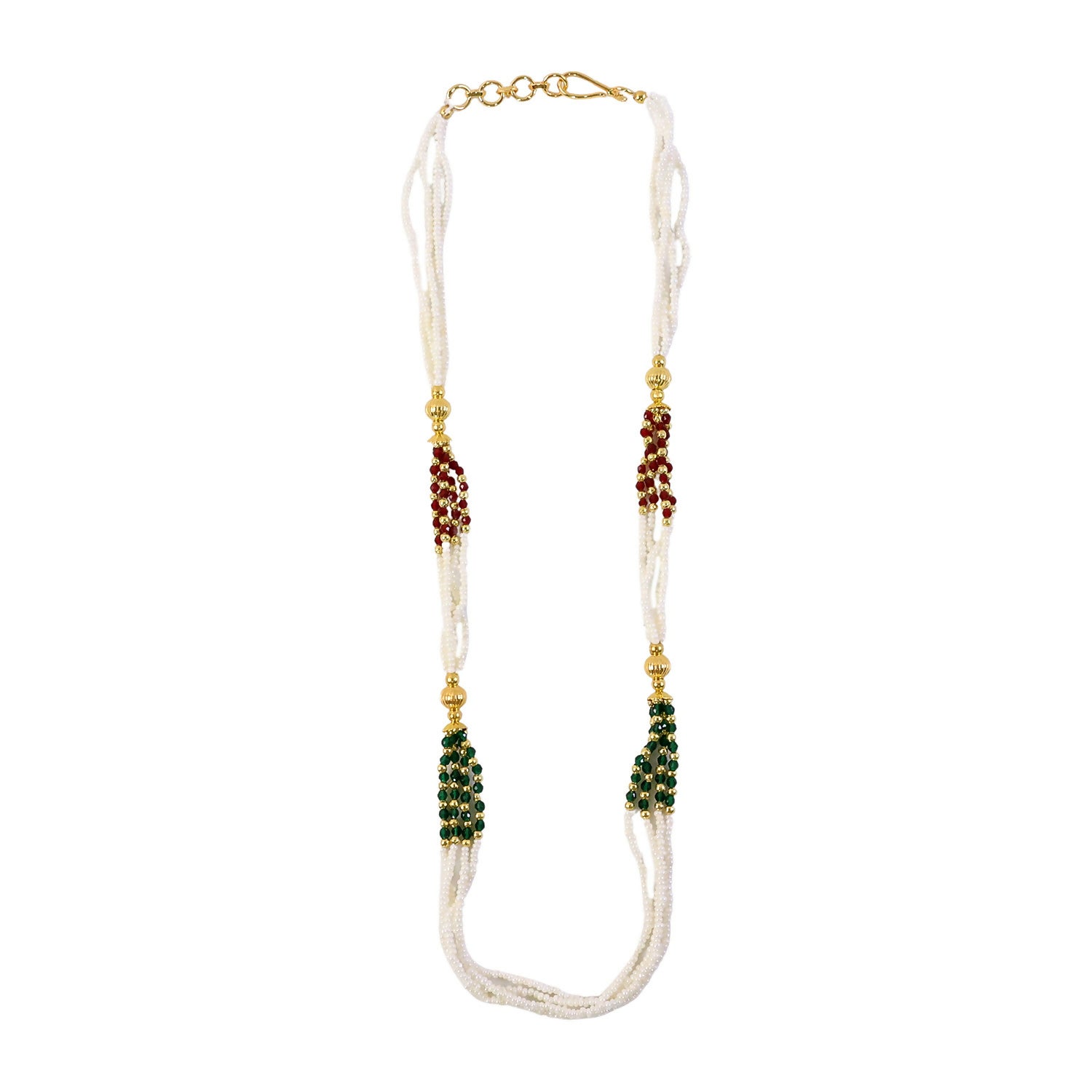 Detailed view of gold-toned elements on white beads