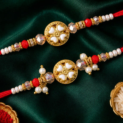 White Heart Floral Couple Rakhi Set with Crystal Beads and Pearl Lumba Charm Design