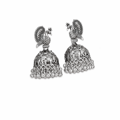 Elegant Silver Peacock Jhumka Earings Featuring Peacock Motif