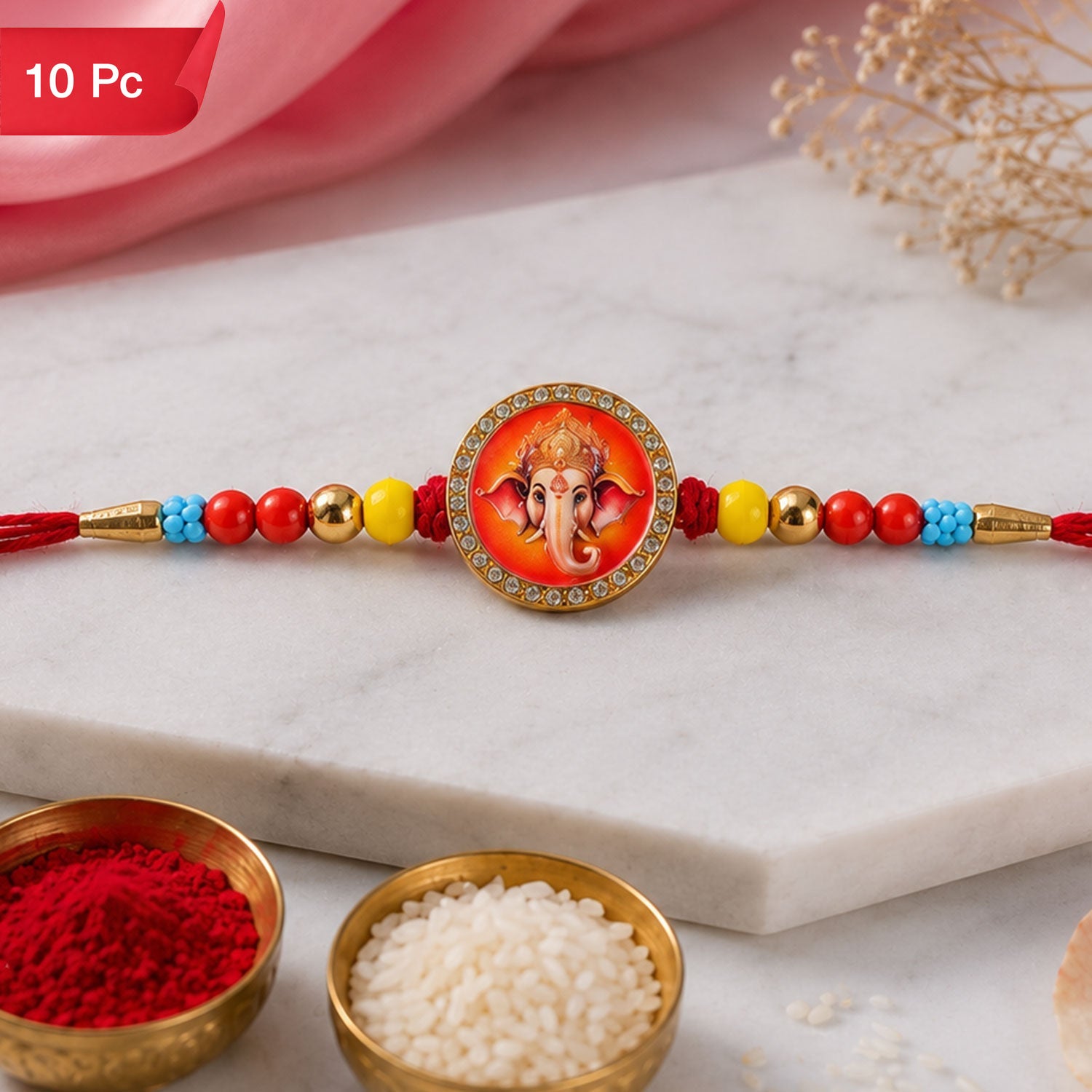 Ganesha Stone Studded Rakhi for Brother Festive Beaded Design (10pcs)